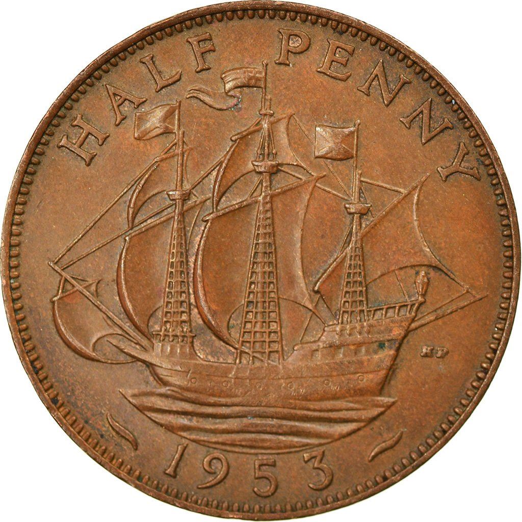 United Kingdom Coin ½ Penny | Elizabeth II 1st portrait | with 'BRITT:OMN' | 1953