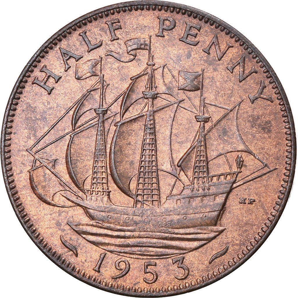 United Kingdom Coin ½ Penny | Elizabeth II 1st portrait | with 'BRITT:OMN' | 1953