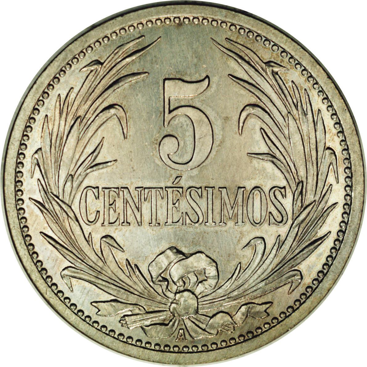 Uruguay 5 Centesimos Coin | Sun | Palm Wreath | KM21 | 1901 - 1941