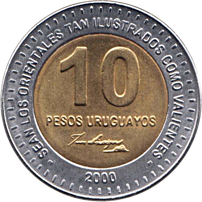 Uruguay Coin Uruguayan 10 Pesos | Jose Gervasio Artigas | KM121 | 2000