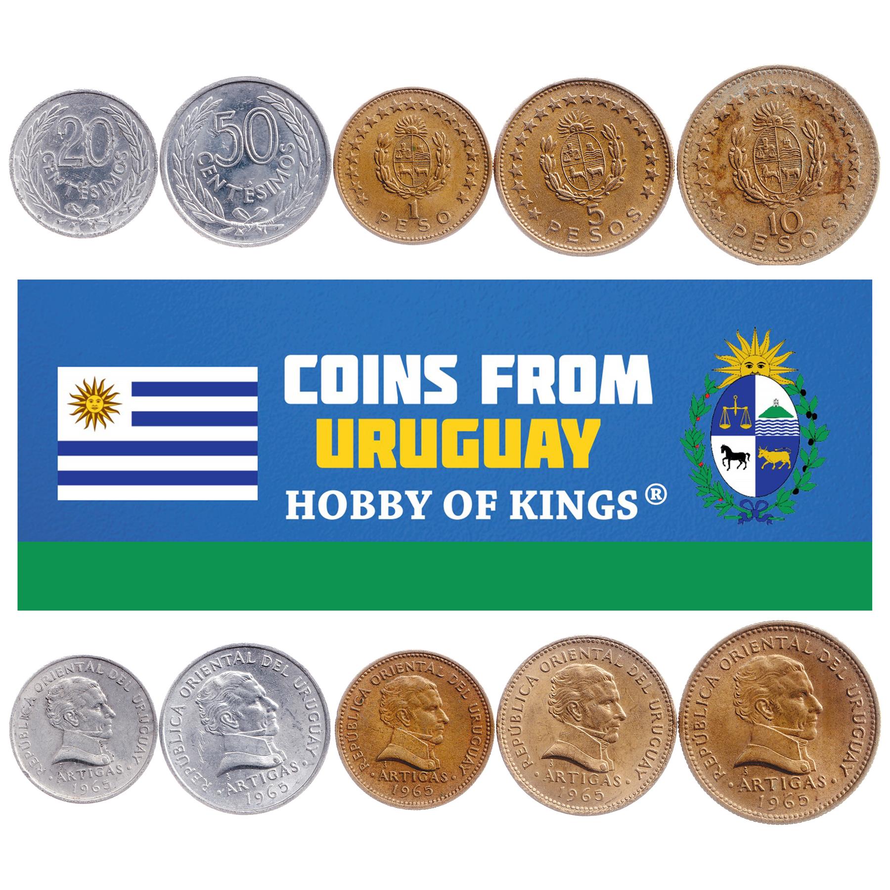 Uruguayan 5 Coin Set 20 50 Centésimos 1 5 10 Pesos | Jose Gervasio Artigas | Uruguay | 1965