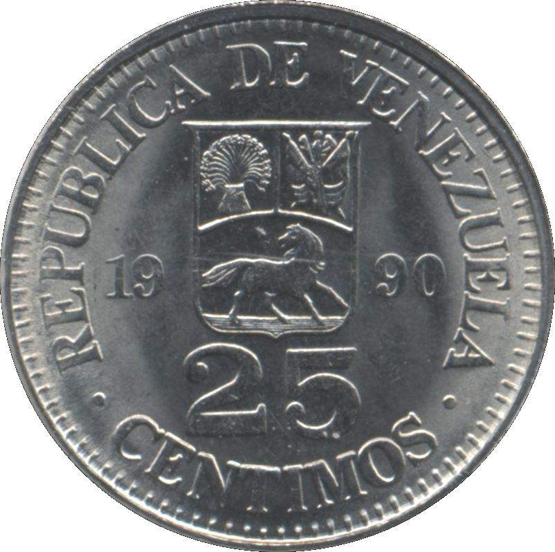 Venezuela | 25 Centimos Coin | Palomo Horse | Simon Bolivar | KM50a | 1989 - 1990