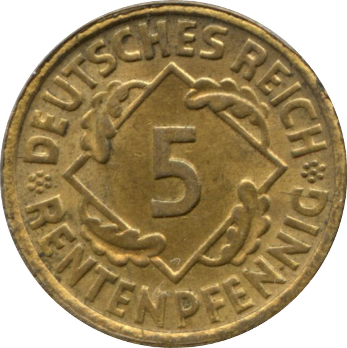 Weimar Republic 5 Rentenpfennig Coin | German Reich | KM32 | 1923 - 1925