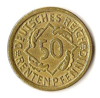 Weimar Republic 50 Rentenpfennig Coin | German Reich | KM34 | 1923 - 1924