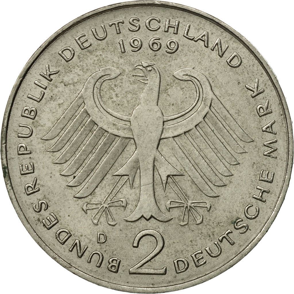 West German 2 Deutsche Mark Coin | Konrad Adenauer | KM124 | 1969 - 1987