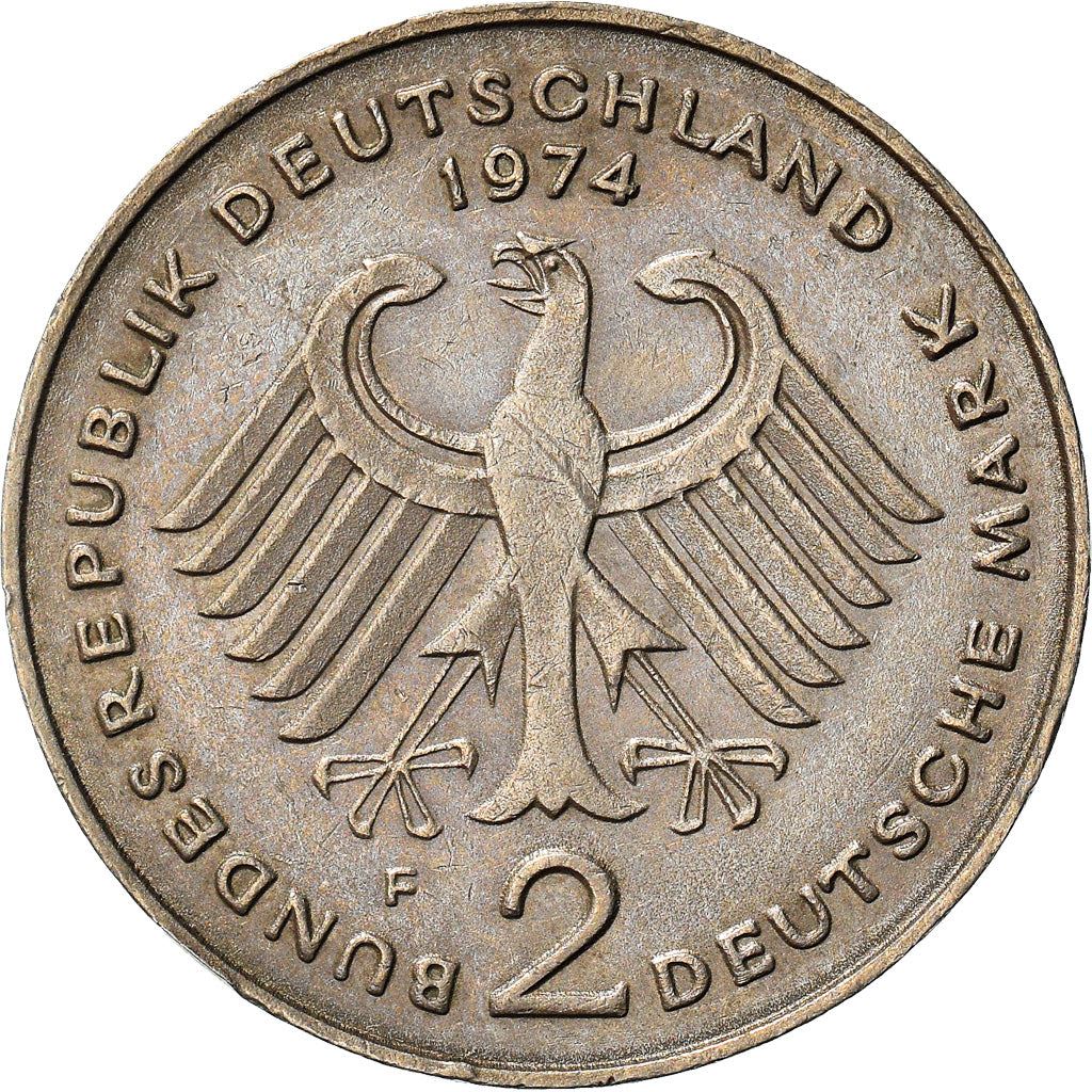 West Germany 2 Deutsche Mark Coin | President Theodor Heuss | Eagle | KMA127 | 1970 - 1987