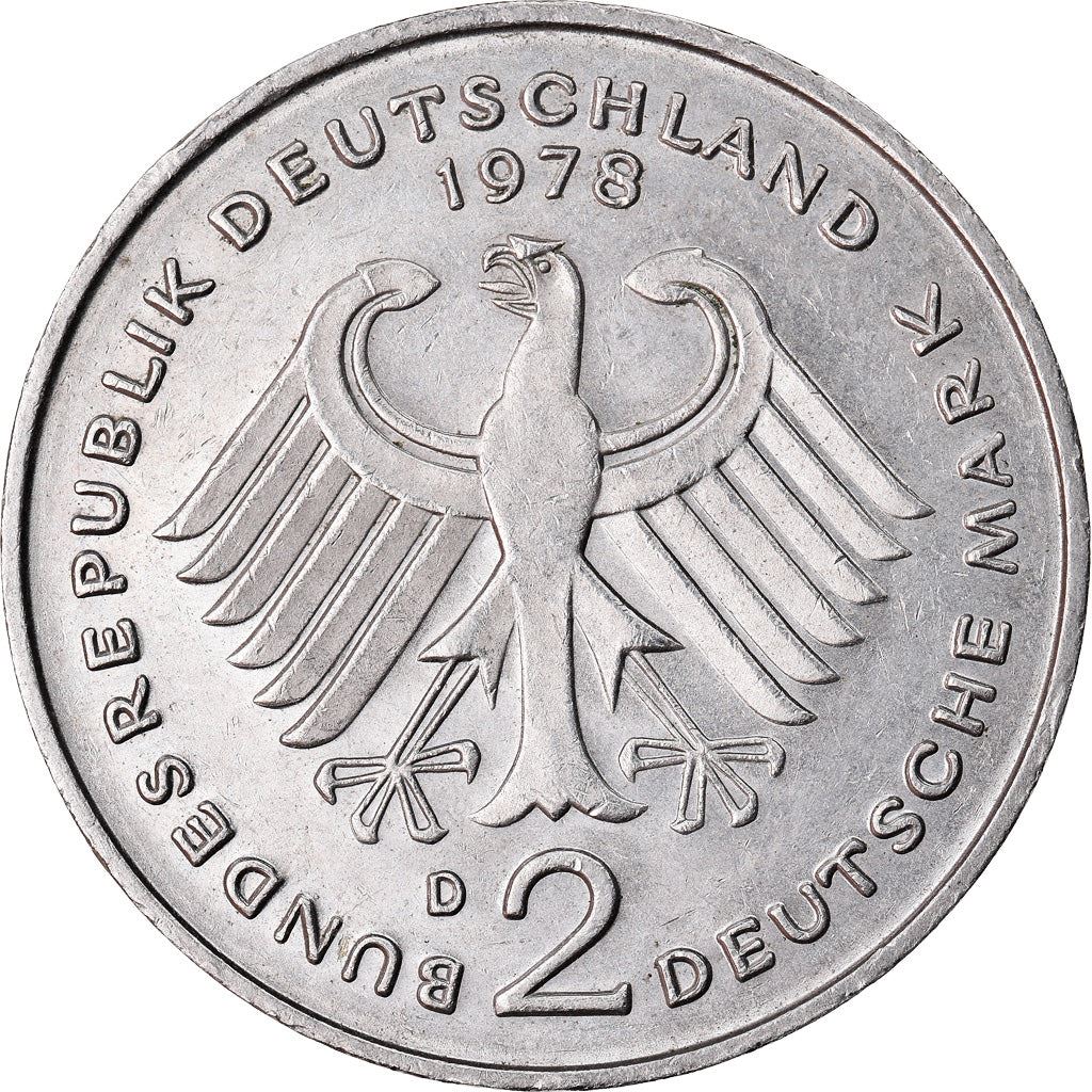 West Germany 2 Deutsche Mark Coin | President Theodor Heuss | Eagle | KMA127 | 1970 - 1987