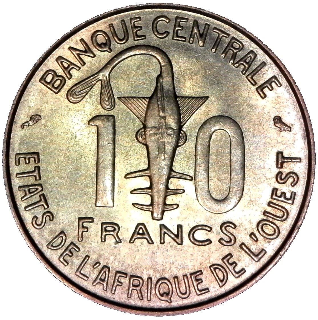 Western African States | 10 Francs Coin | Sawfish | Gazelle | KM1a | 1966 - 1981