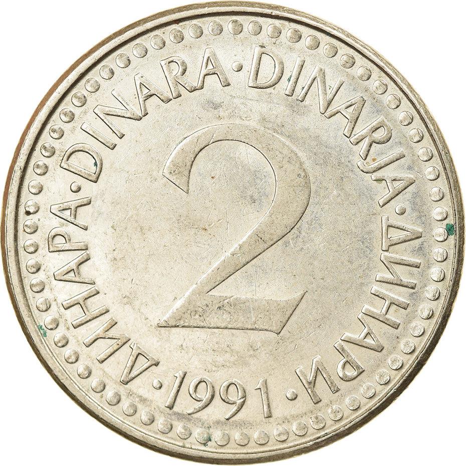 Yugoslavia Coin | 2 Dinara | Flame | Stars | KM143 | 1990 - 1992