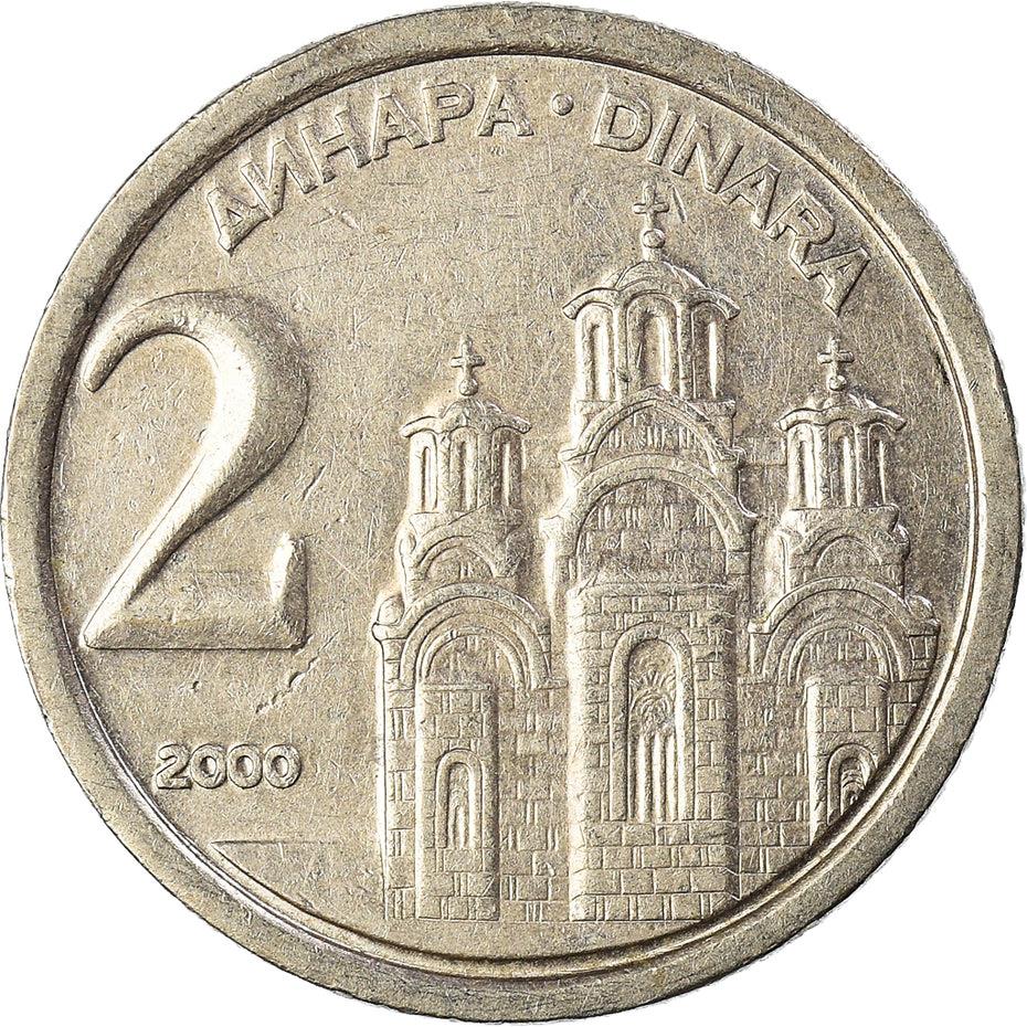 Yugoslavia Coin | 2 Dinara | Gračanica Monastery | Two Headed Eagle | KM181 | 2000 - 2002