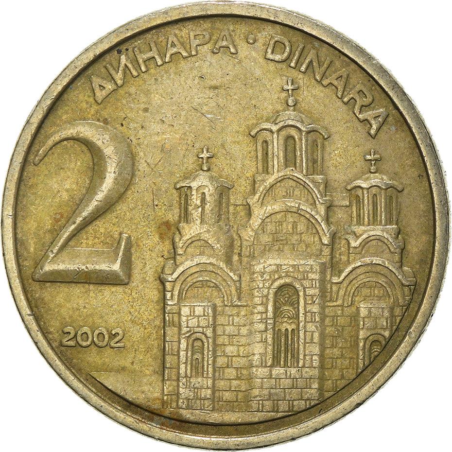 Yugoslavia Coin | 2 Dinara | Gračanica Monastery | Two Headed Eagle | KM181 | 2000 - 2002