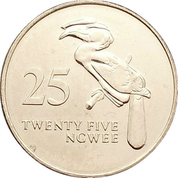 Zambia 25 Ngwee Coin | Crowned Hornbill | KM29 | 1992