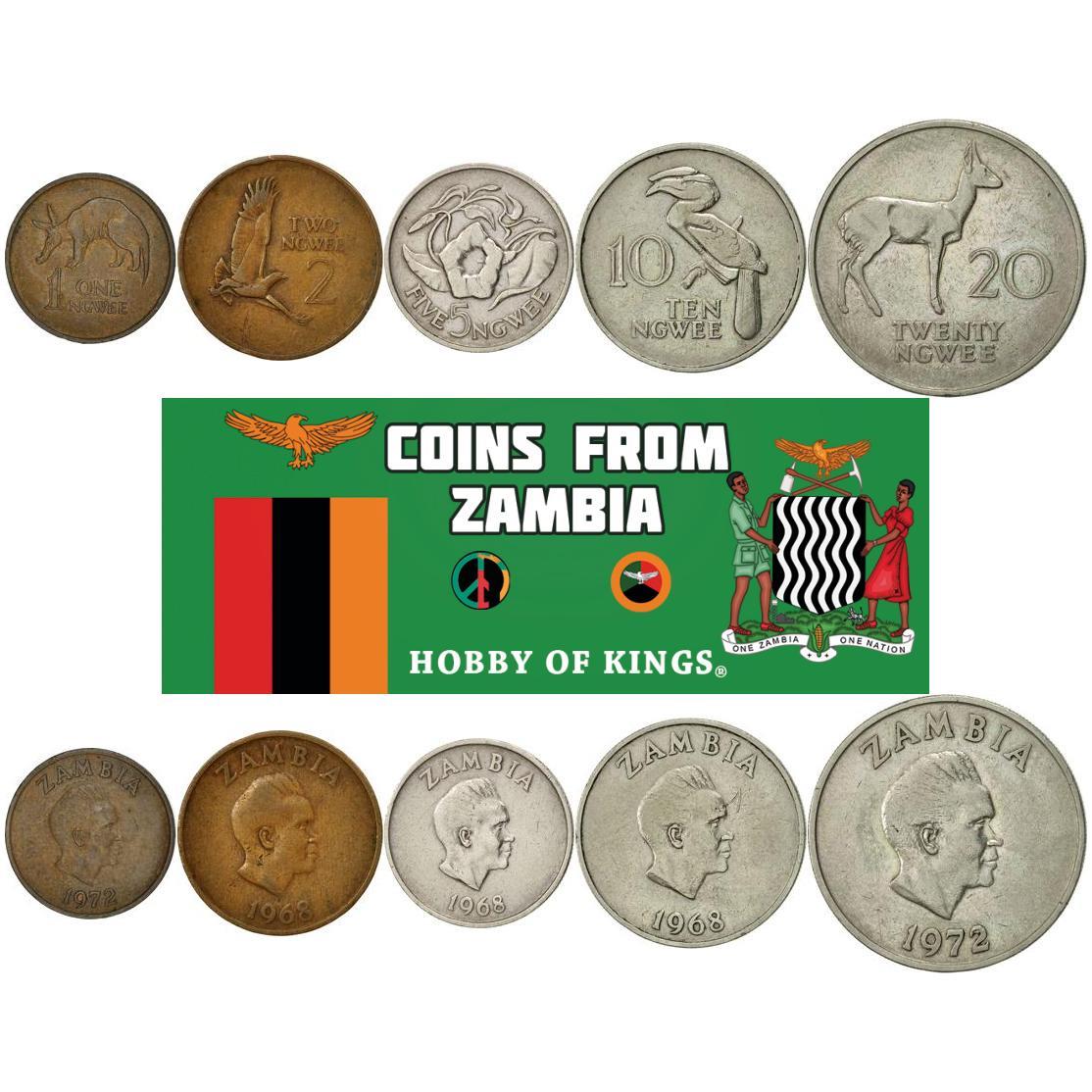 Zambia | 5 Coin Set | 1 2 5 10 20 Ngwee | 1968 - 1988