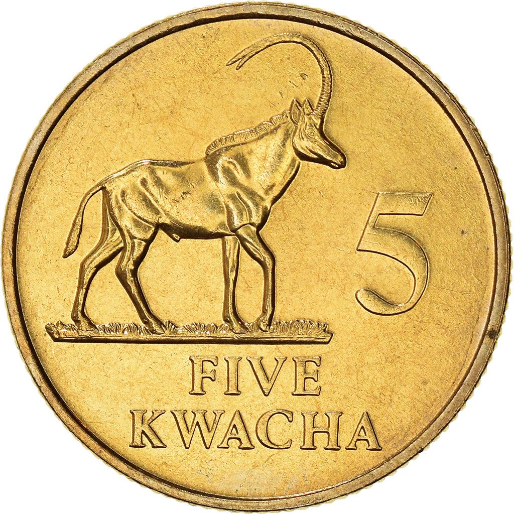 Zambia | 5 Kwacha Coin | Sable antelope | Km:31 | 1992