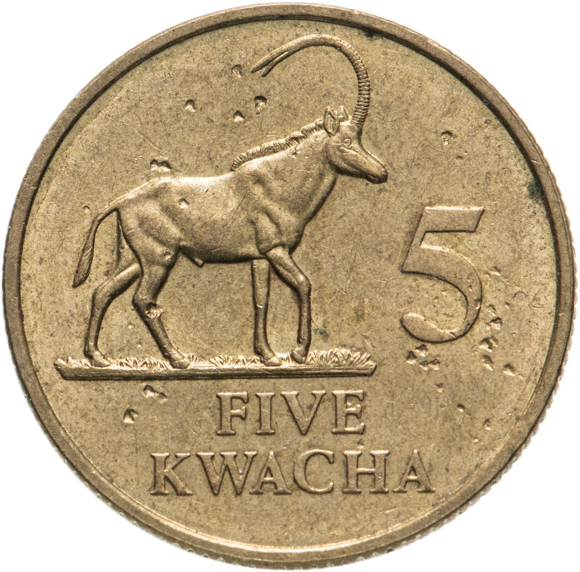 Zambia | 5 Kwacha Coin | Sable antelope | Km:31 | 1992