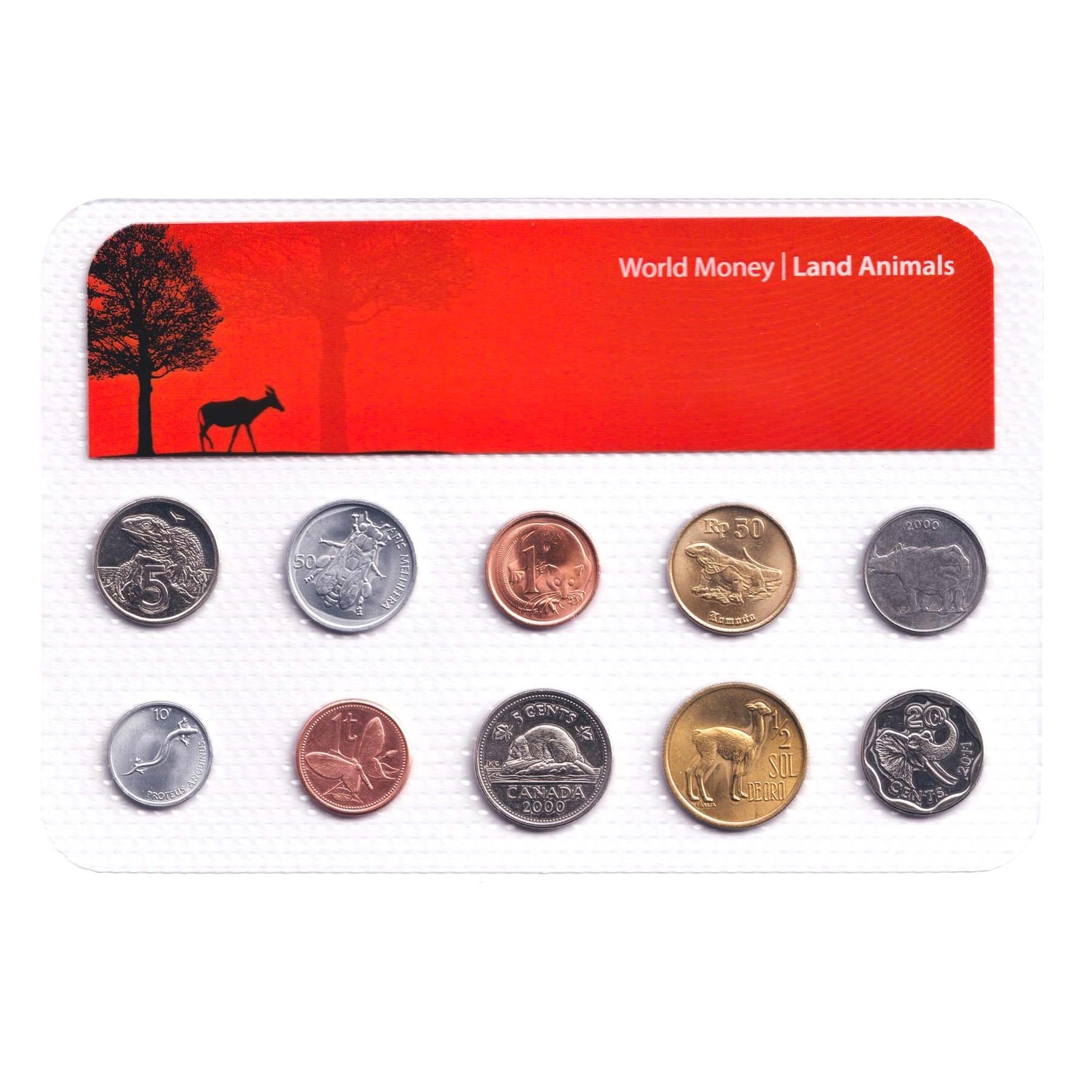 10 Coin Set | Land Animals | Tuatara | Honey Bee | Glider | Komodo Dragon | Rhino | Salamander | Paradise Butterfly | Beaver | Vicuña | Elephant 1966 - 2005