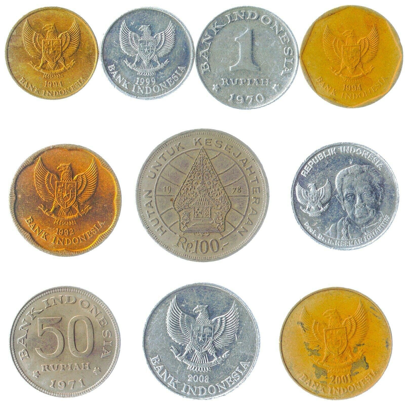 10 Indonesian Coins | Sen Rupiah | Bird of Paradise | Komodo dragon lizard | Garuda Pancasila | 1965 - 2022