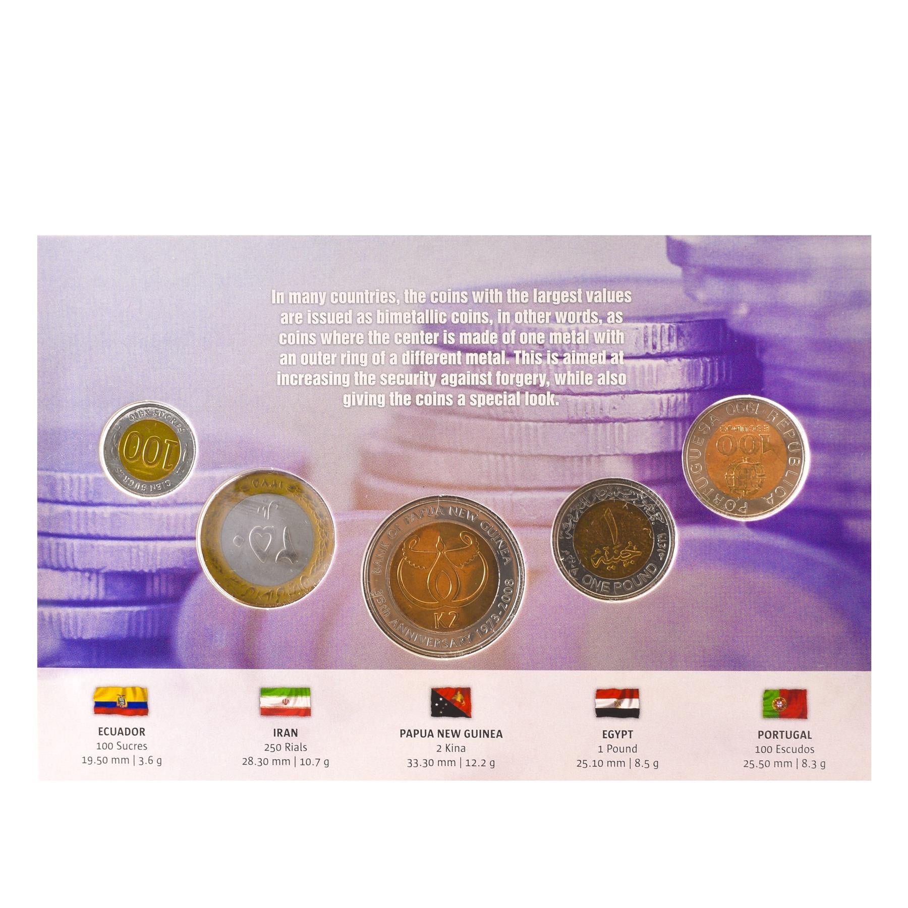 5 Bimetallic Coin Set | 5 Continents | Egyptian Pharaoh | Portuguese Mathematician | Grenadine | Bird of Paradise