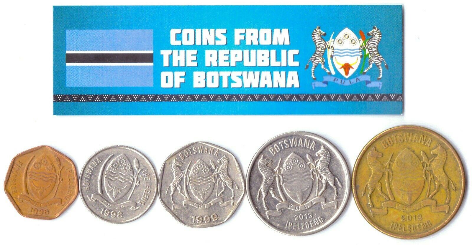 5 Botswana Coins | African Wild Animals | Thebe | Pula | 1976 - 2019