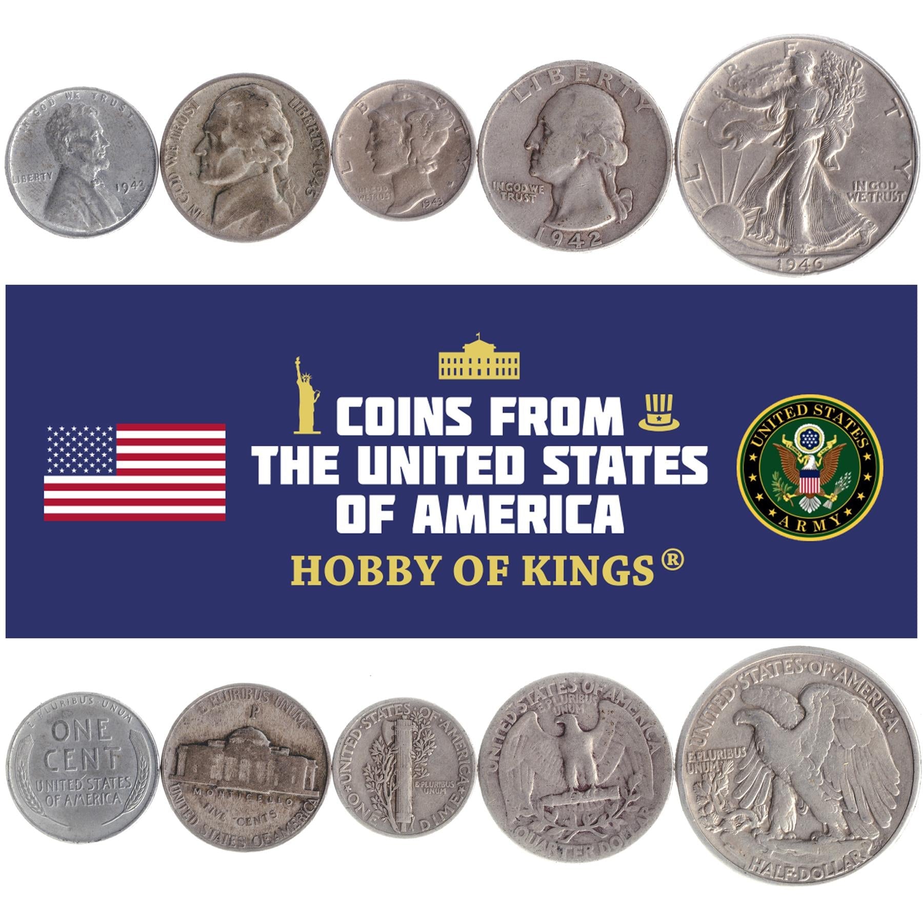 American 5 Coin Set 1 5 Cents 1 Dime ¼ ½ Dollar | Benjamin Franklin | Abraham Lincoln | Thomas Jefferson | Franklin D. Roosevelt | Eagle | Monticello | Liberty Bell | United States | 1932 - 1947