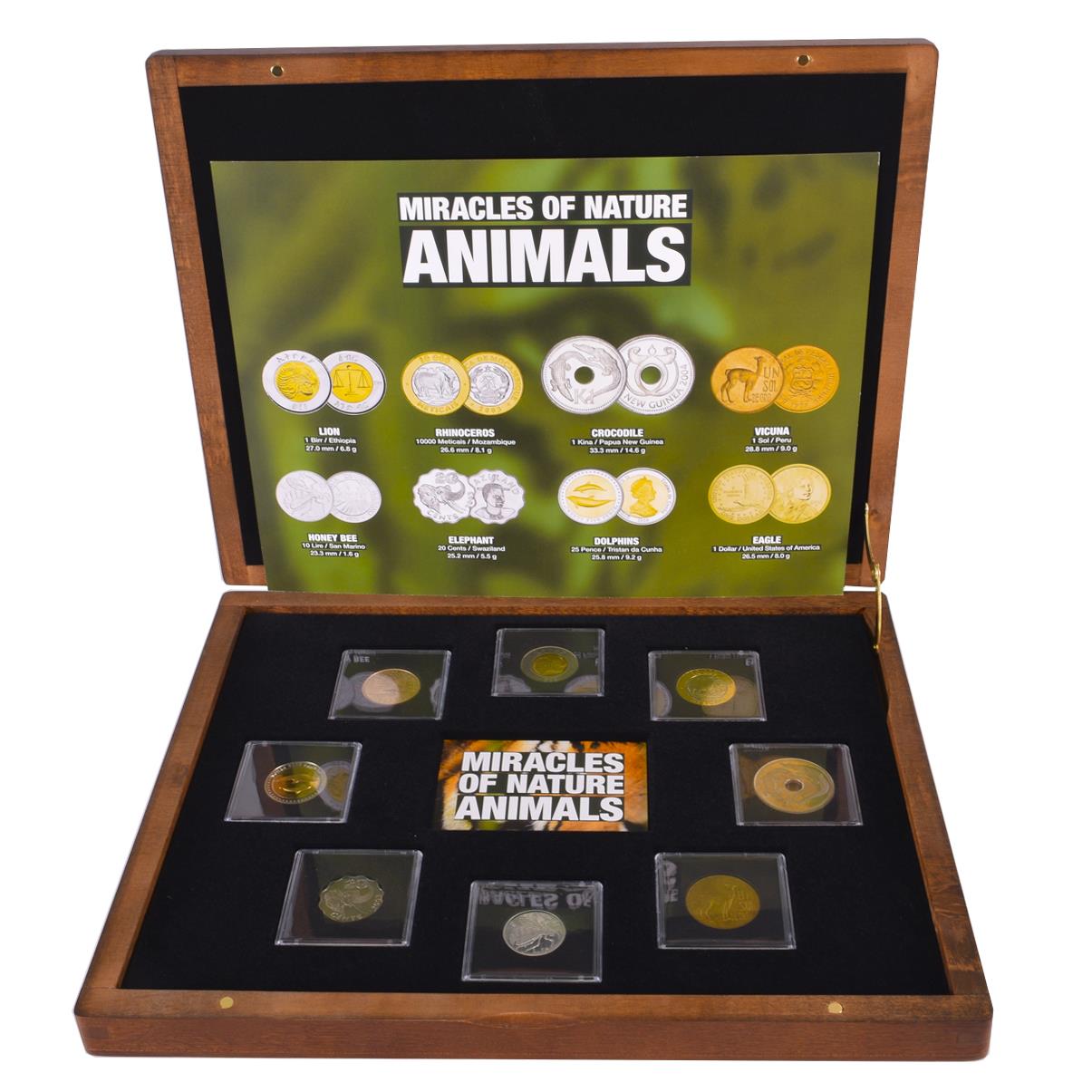 Collection of 8 Coins | World Animals | Exotic Countries | Wooden Box