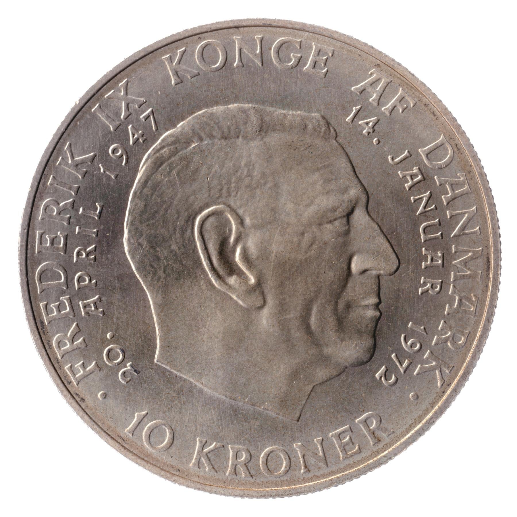 Danish Coin 10 Kroner | Queen Margrethe II | King Frederik IX | KM858 | Denmark | 1972