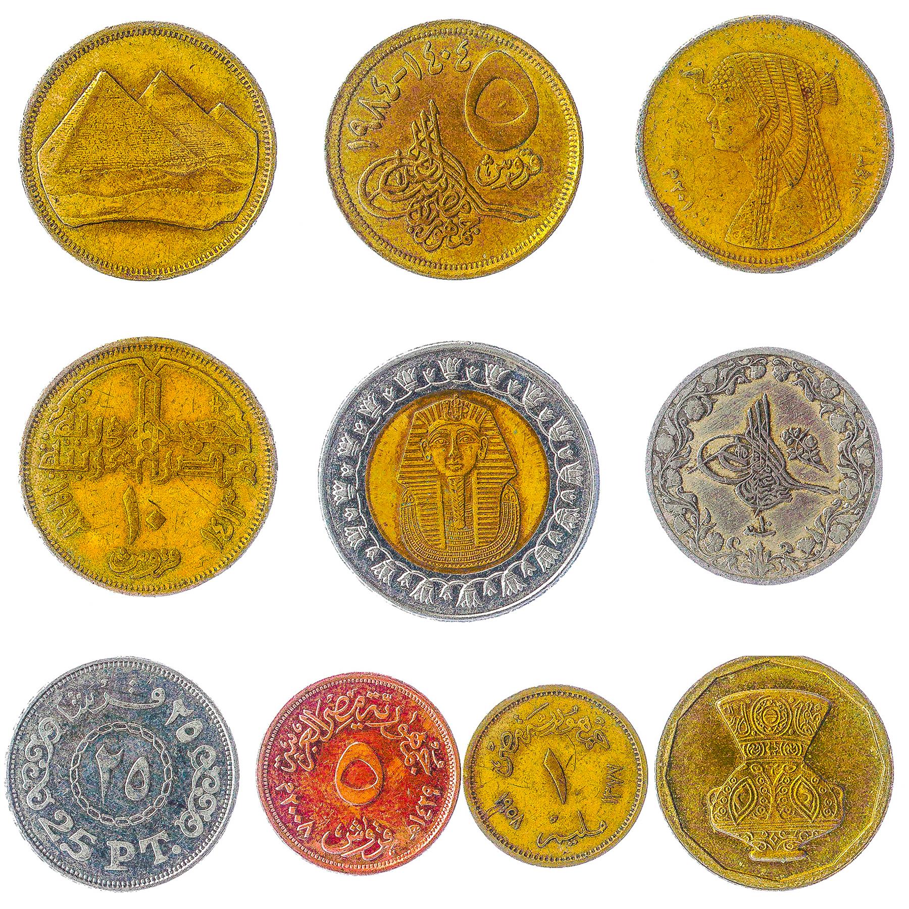 Egypt 10 Mixed Coins | Egyptian Currency | Qirsh Pound Piastres Milliemes | Hawk of Qureish | Cleopatra | Tutankhamun | 1958 - 2022