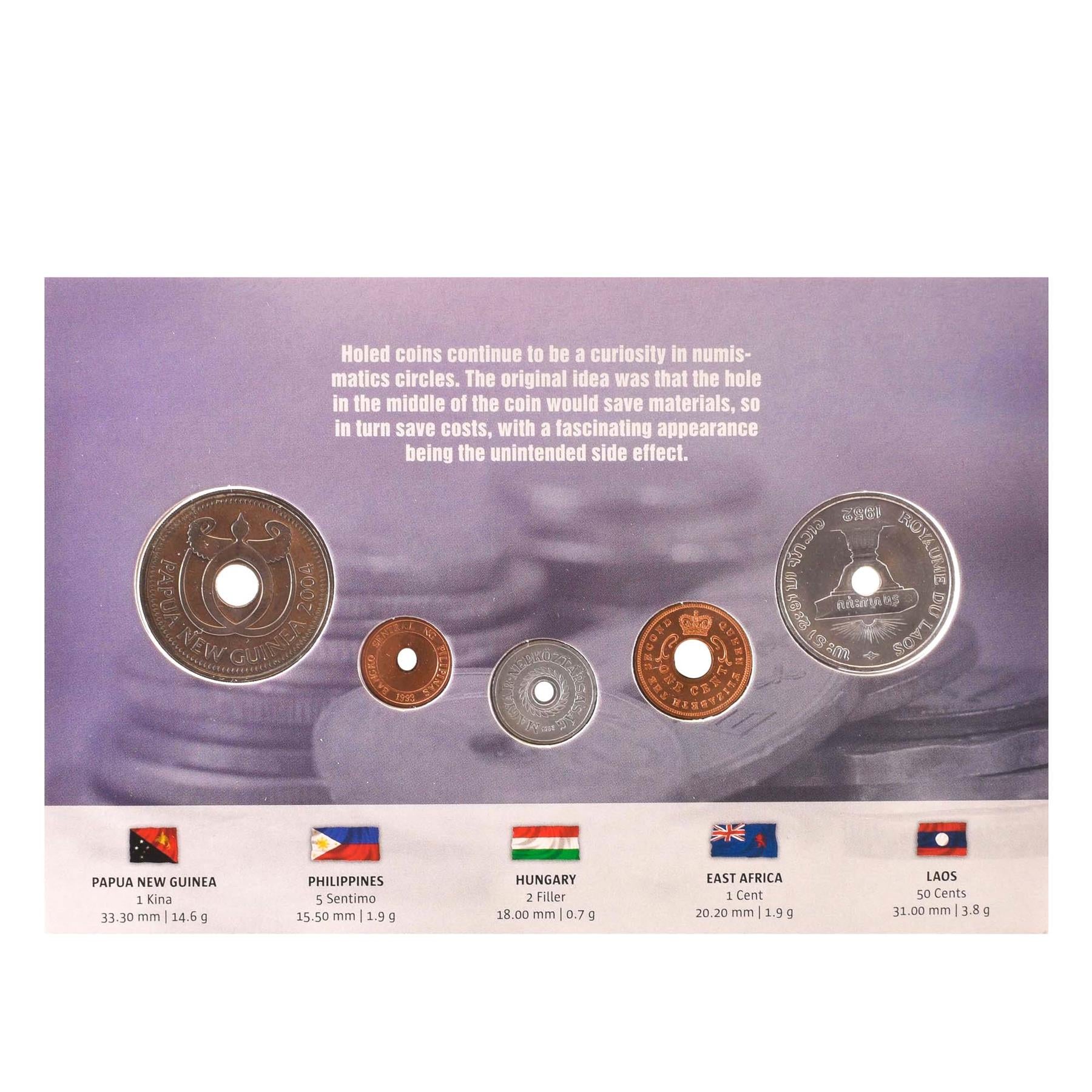 Holed Coins | 5 Coin Set with Holes | Papua New Guinea | Philippines | Hungary | East Africa | Laos