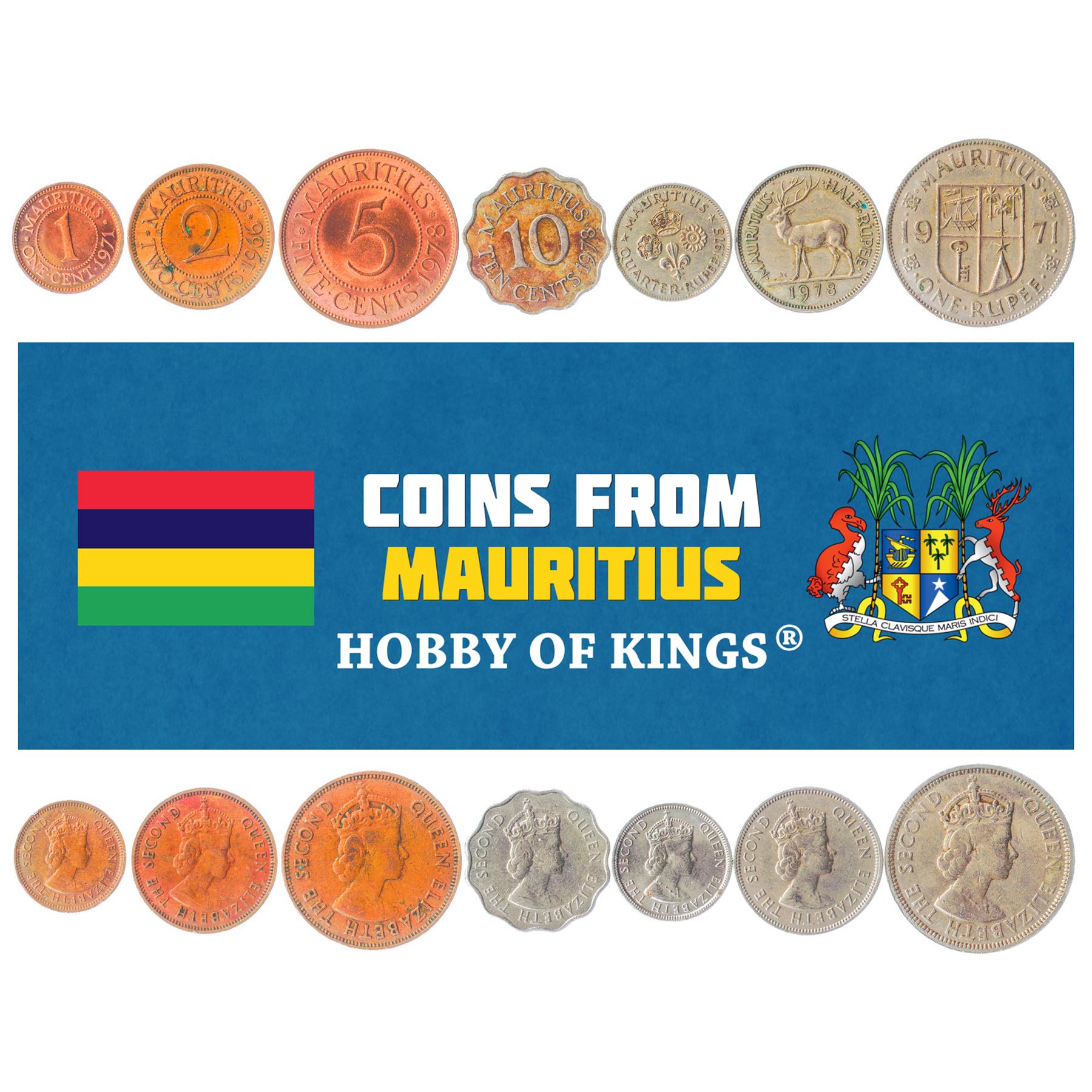 Mauritian 7 Coin Set 1 2 5 10 Cents ¼ ½ 1 Rupees | Lotus | Deer | Queen Elizabeth II | Lily | 1953 - 1978