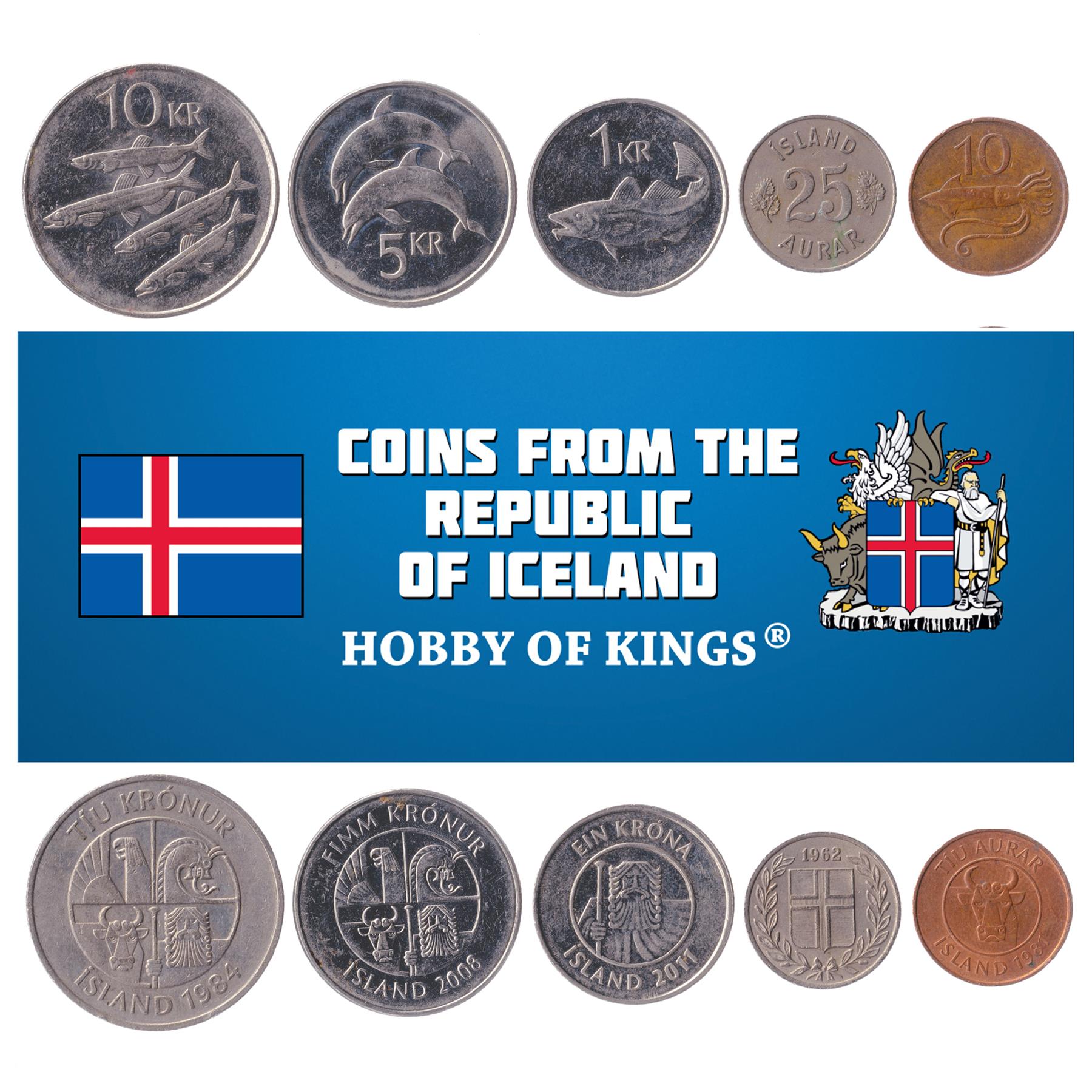 Mixed Iceland Coins | Scandinavian Island | Icelander Money | Aurar Krona Kronur | Capelin and Skate Fish | Squid | Shrimp | Codfish | Dolphins | Crab | Lumpfish | 1946 - 2011