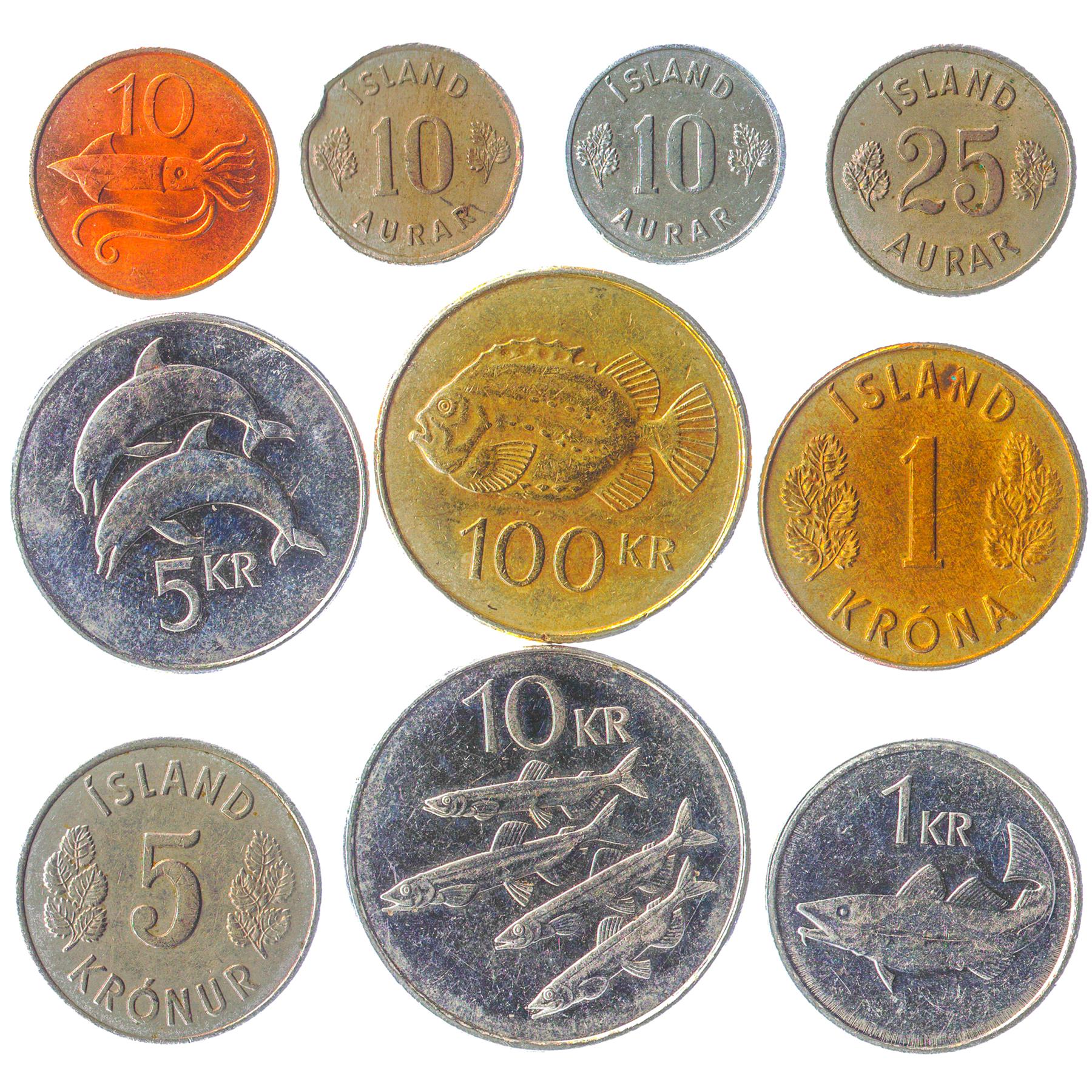 Mixed Iceland Coins | Scandinavian Island | Icelander Money | Aurar Krona Kronur | Capelin and Skate Fish | Squid | Shrimp | Codfish | Dolphins | Crab | Lumpfish | 1946 - 2011