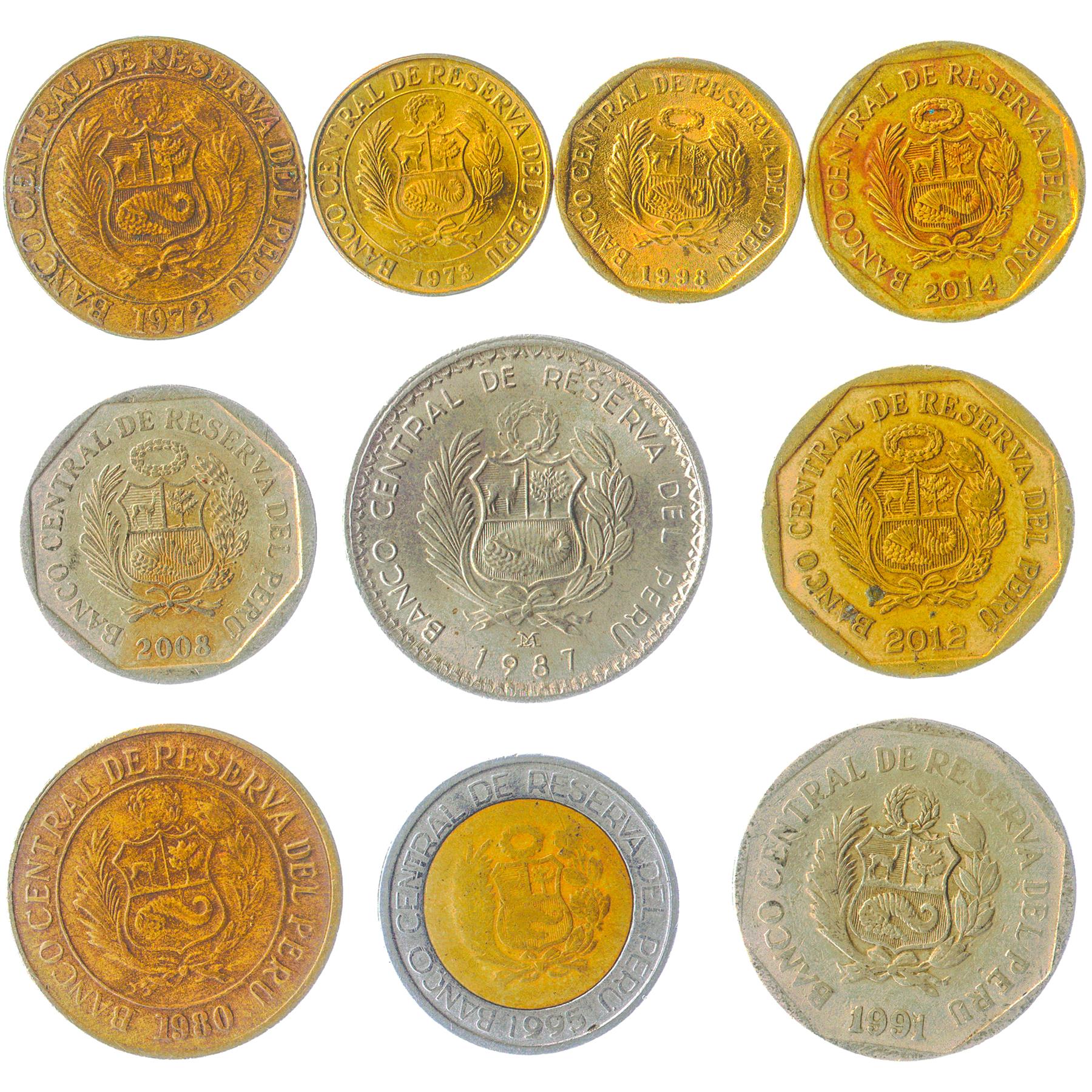 Peru 10 Mixed Coins | peruvian Currency | Centimo | Intis | Nuevo Soles | Chimu civilization | 1966 - 2020