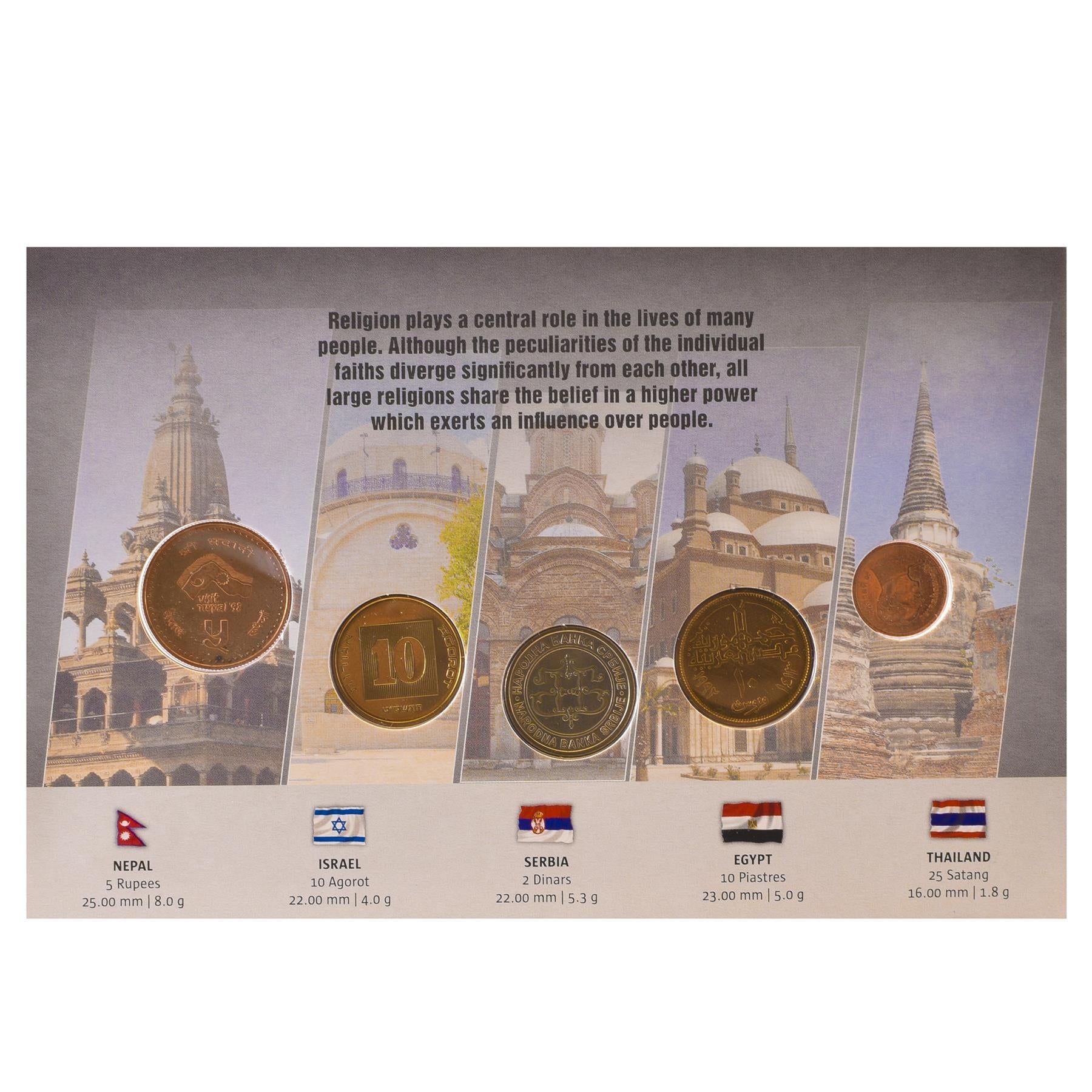 Religions of the World | 5 Coin Set | Buddhism | Islam | Christianity | Judaism | Hinduism | Temple | Mosque | Hanukkah