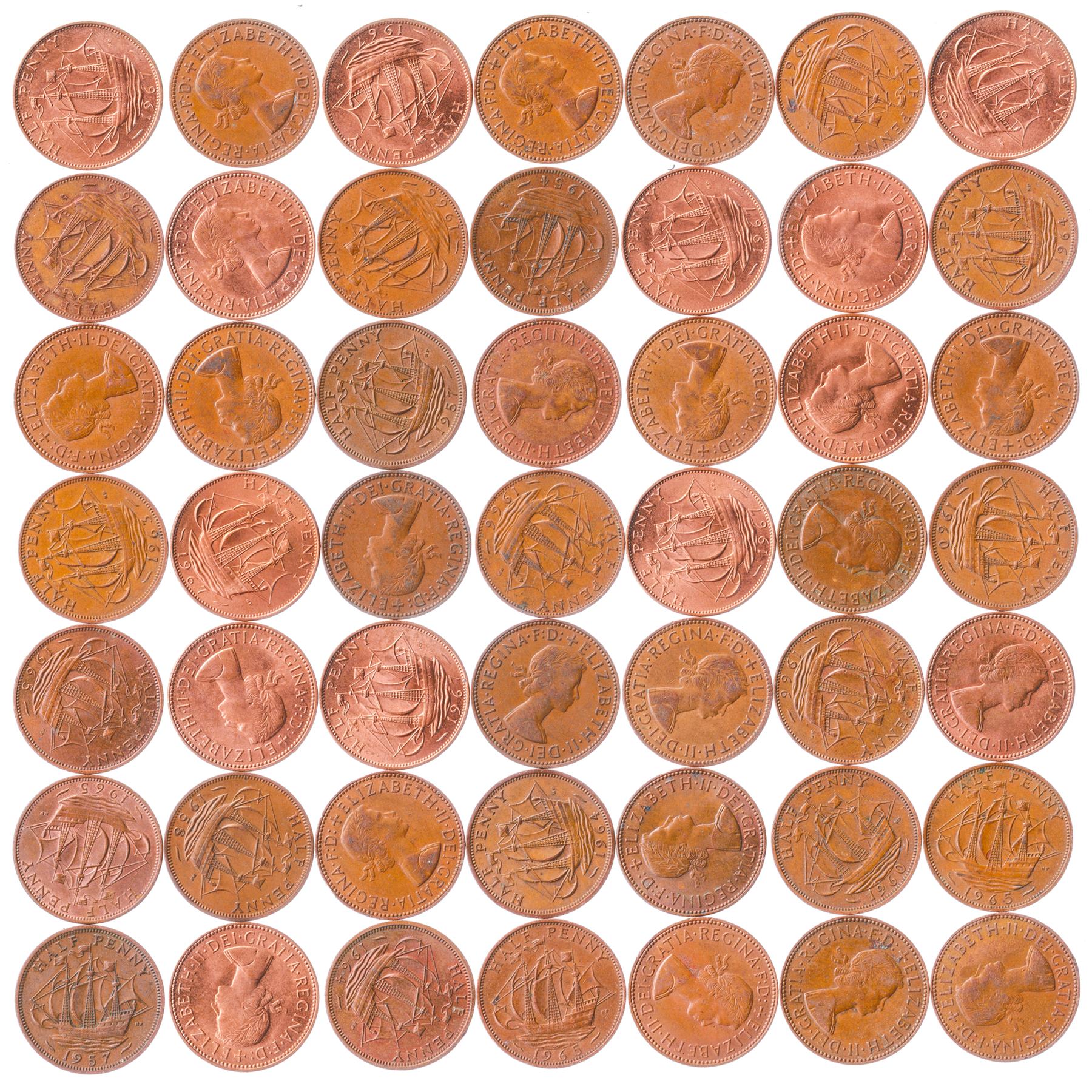 United Kingdom 1/2 Penny | 100 Coins | Elizabeth II 1st portrait | 1954 - 1970